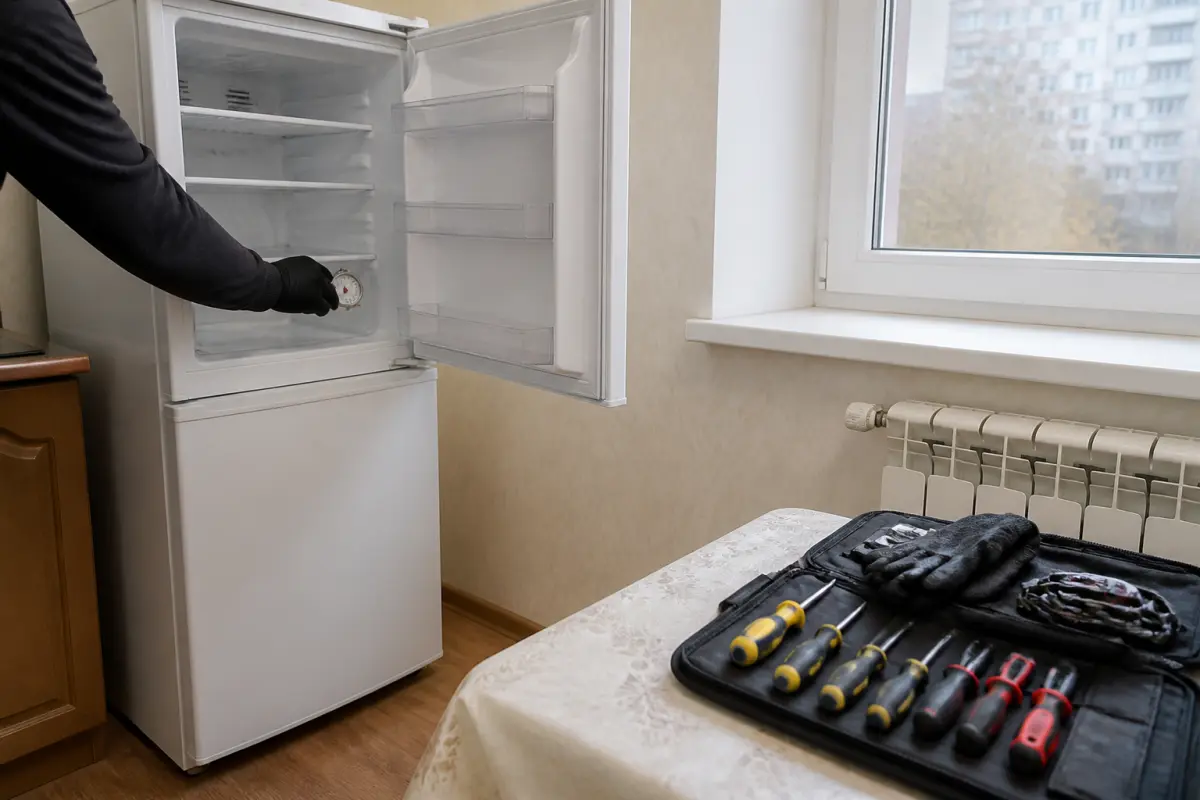 Рука в чёрной перчатке ставит круглый термометр на полку морозильной камеры, на столе у окна набор инструментов