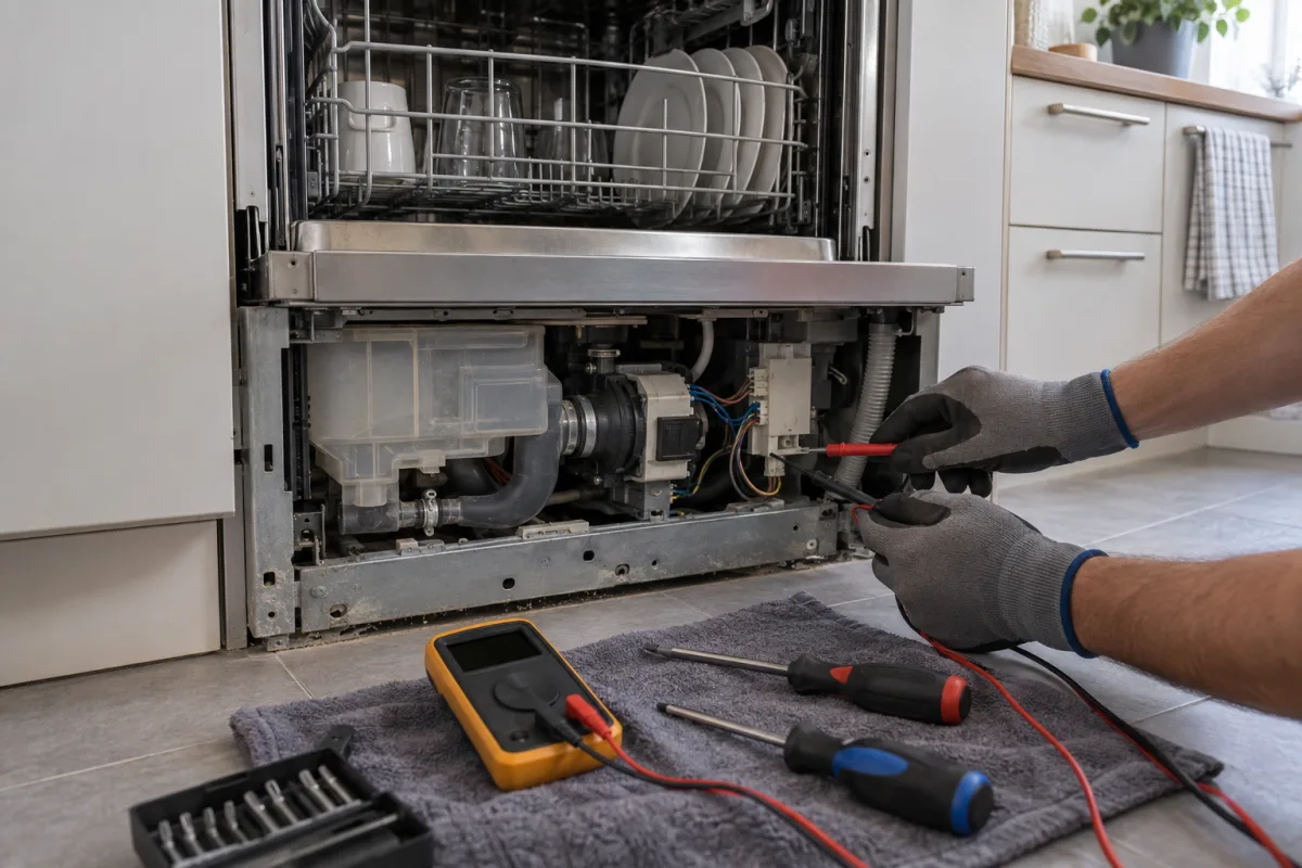 Мастер проверяет тестером цепи посудомоечной машины Beko с открытой дверцей