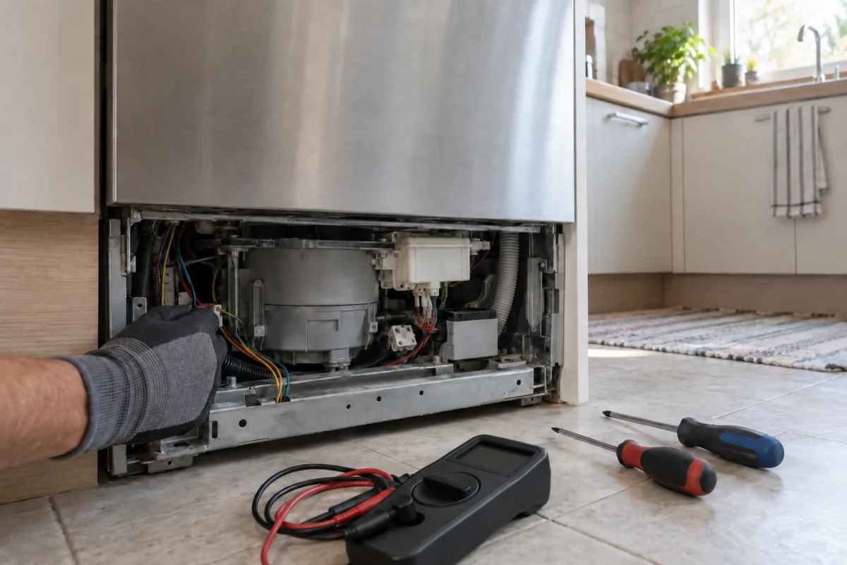 Мастер проверяет посудомоечную машину Electrolux со снятым цоколем