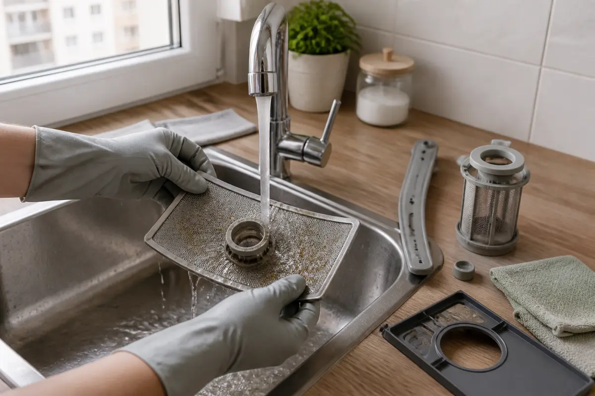 Руки в резиновых перчатках промывают под струёй воды из крана сетчатый фильтр, рядом на столешнице ещё один фильтр