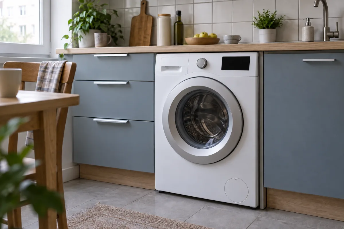 Встроенная стиральная машина Smeg с фронтальной загрузкой на кухне