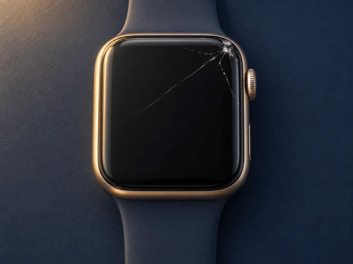 Иллюстрация Apple Watch с треснутым стеклом на рабочей поверхности