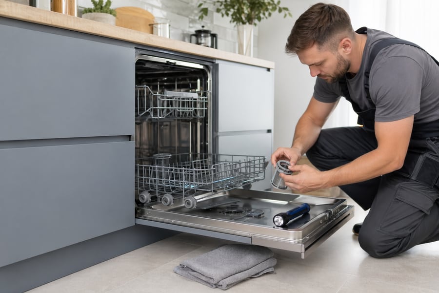 Мастер проверяет фильтр и сливную зону посудомоечной машины Beko