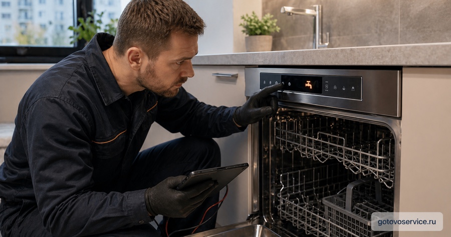 Мастер проверяет посудомоечную машину Bosch с индикатором крана