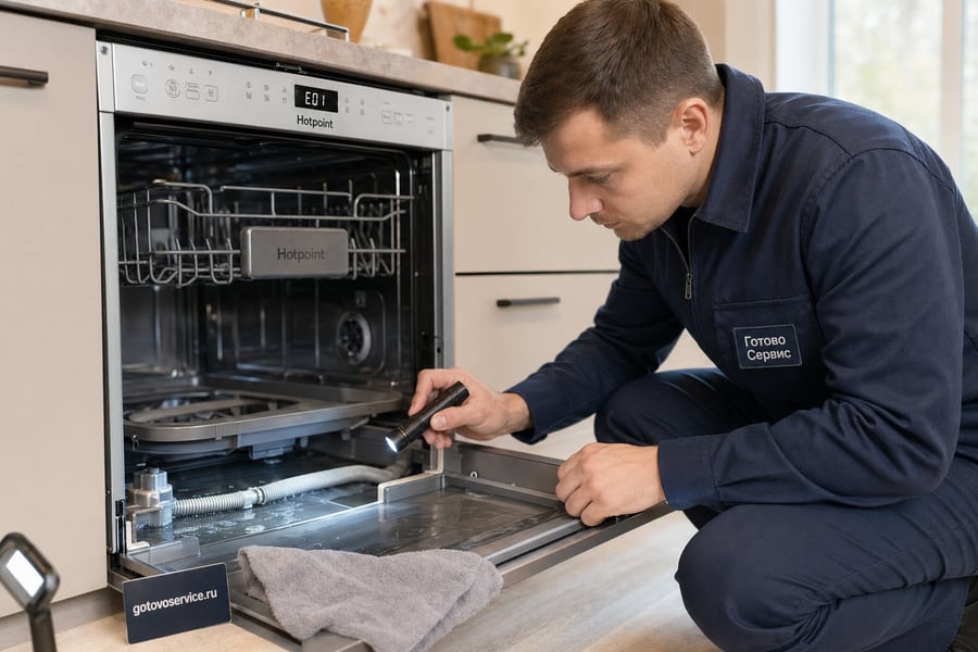 Мастер проверяет поддон и датчик протечки посудомоечной машины Hotpoint при ошибке E01