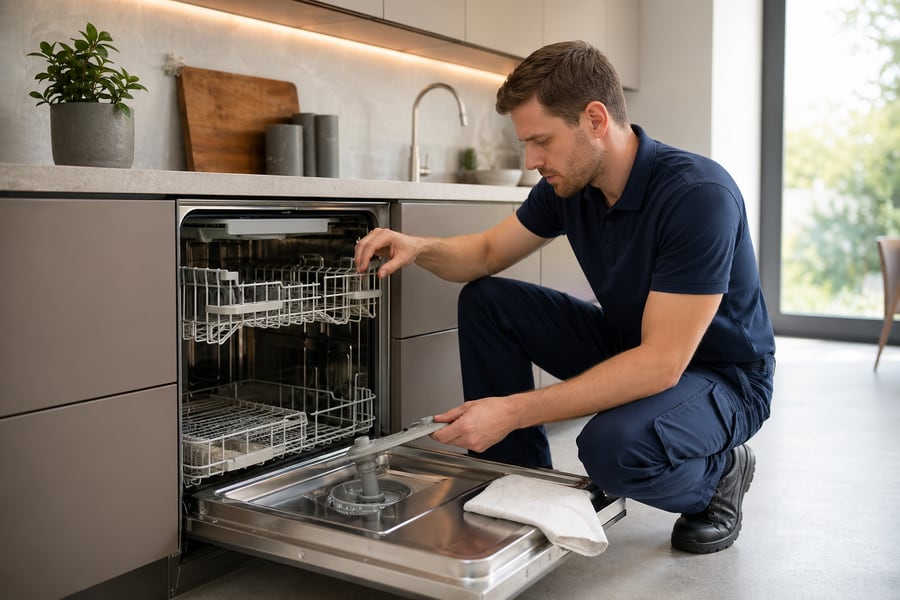 Мастер проверяет корзину и разбрызгиватель посудомоечной машины Miele