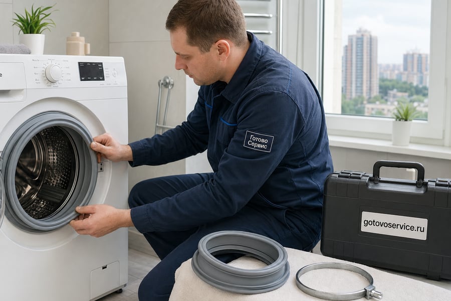 Мастер устанавливает манжету люка стиральной машины Gorenje